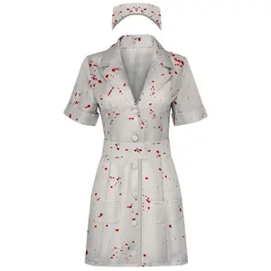 Bubble Head Zombie Nurse Bloody Dress Cosplay Costume Set with Belt Cap for Horror Con