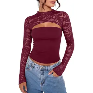 Lace Long Sleeve Tops Women Going Out Sexy Y2K Cutout Slim Fitted Party Night Out Mesh Shirts