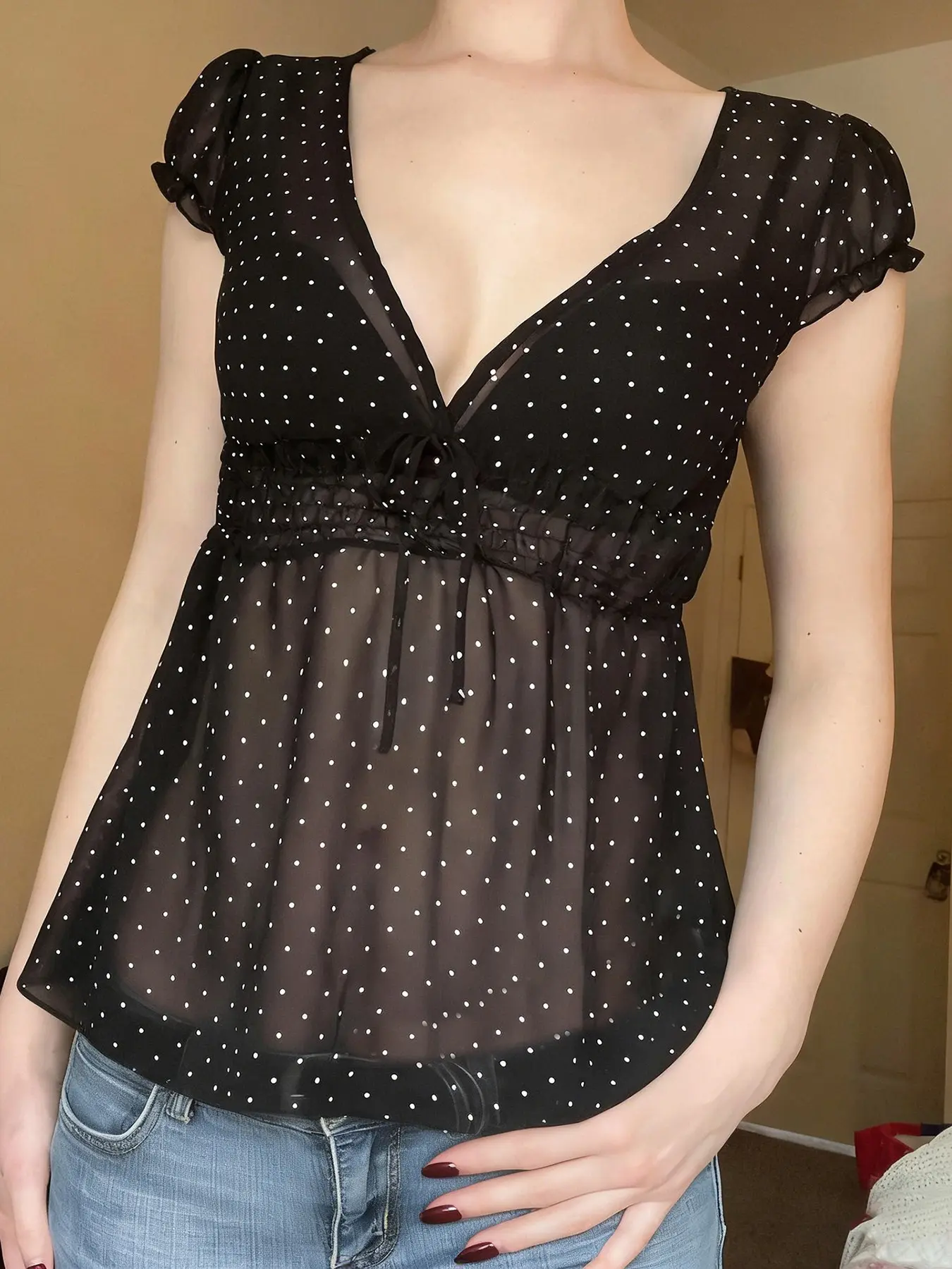 Women's Bottom Polka Dot Mesh V-Neck Top Blouse, Vintage Sexy Short Sleeve Summer T-Shirt, Slim-Fitting Fashion Tee Blouses Shirts Tops