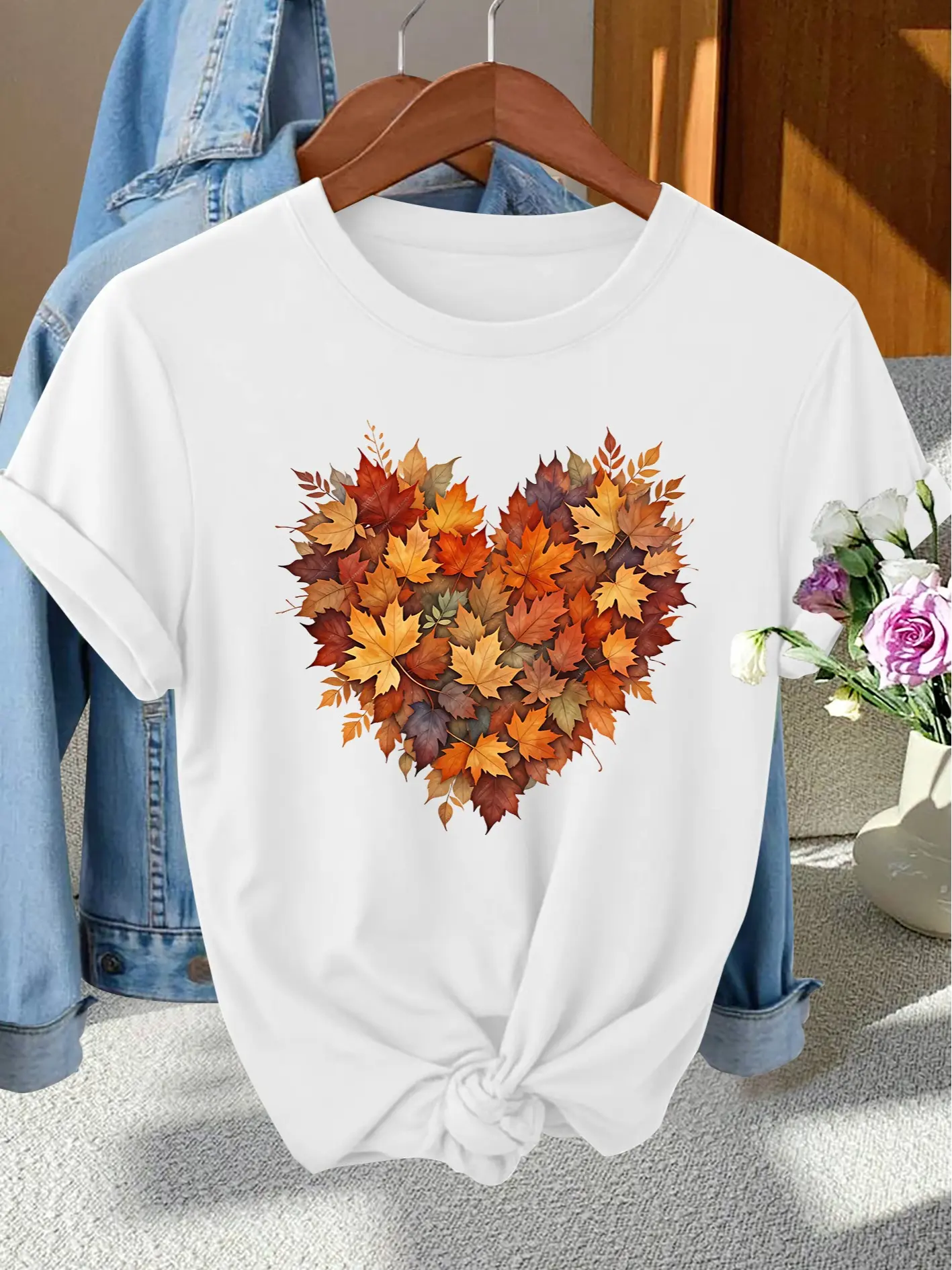 Fall Heart Maple Leaf Tshirt for Women, Autumn Harvest Leaf Heart Print Tee, Casual Retro Crew Neck Shirt, Gift for Fall Lovers