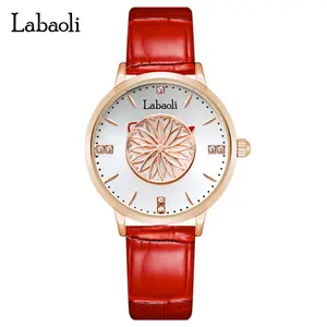 【Labaoli】 Solstice Collection Verna Solis Women’s Watch – Rose Gold Case, Floral Sun Dial, Leather Strap, Elegant Everyday Dress Watch