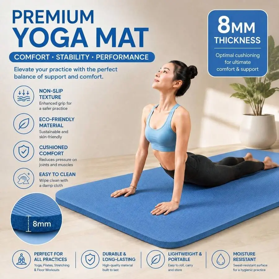 SLAYFIT Yoga Mat 8mm Thick W/Nylon Strap For Men & Women - Non Slip Exercise Mat For Home Yoga, Pilates, Stretching, Floor & Fitness Workouts