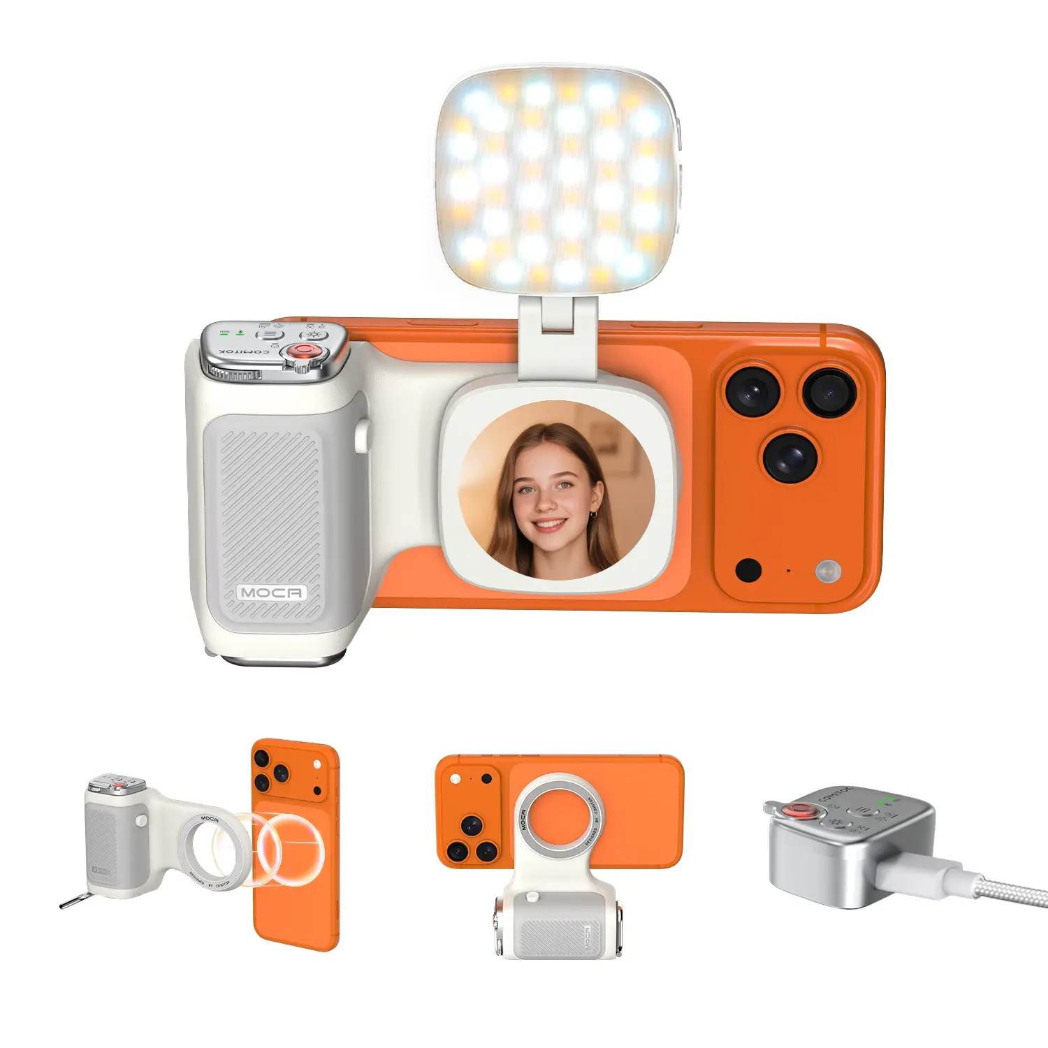 COMITOK MOCA Handheld Grip Phone Stand Camera Assistant |   Mirror + LED Fill Light 2-in-1, Compatible with iOS 26/iOS 18, Ergonomic Grip, One-Tap Camera, Rechargeable Remote, Ideal for Thanksgiving & Christmas Gift for Photography Enthusiasts.