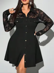 Plus Size Women's Dress, Shirt Dress Lace Patchwork Long Sleeve, Elegant Casual Fashion, Perfect for Daily Wear