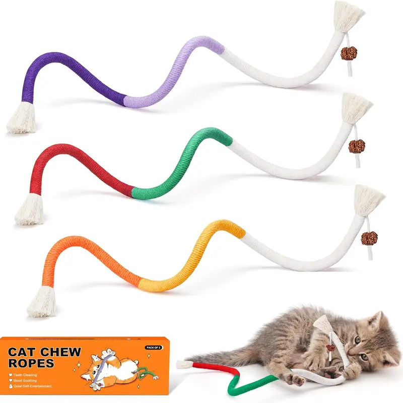 New Deal, Cat Toys Chew Ropes 3Pcs with Refillable Natural Catnip, Safe Teeth Cleaning Toy for Indoor Kittens, Interactive Cat Nip Kitty Toys for All Breeds 19.5 Inches.