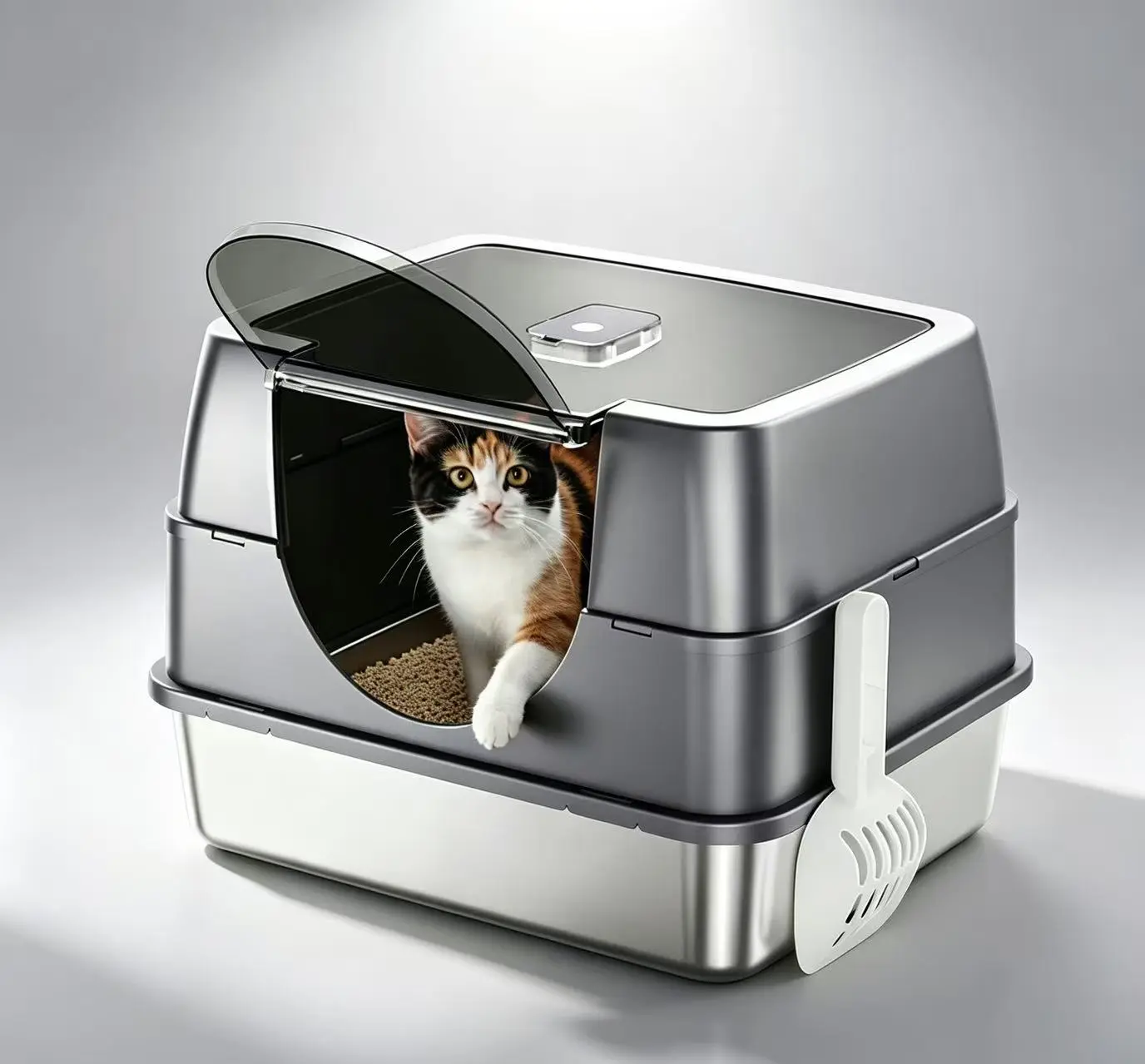 Large Circular Enclosed Grey Litter Box with Flip-Top Lid - Safe Pan, Odor Seal, Leakproof Build, Quick Clean, Scoop, Automatic Bags