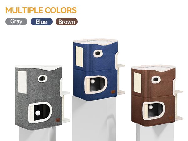 DWVO 2-Tier Cat House, Indoor Cat Cave Bed Playhouse, Cat Tunnels with Scratch Pad and Hideaway Cube, Cute Modern Cat Condo Furniture for Small Cats