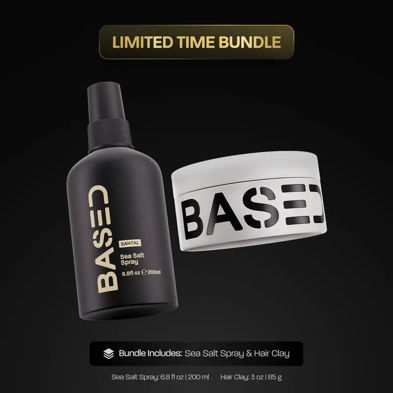 BASED Texture & Hold Duo: Sea Salt Spray & Hair Clay Bundle - Non-Toxic Volumizing Spray with Kelp & B5 + Strong Hold Texturizing Clay with Santal Sandalwood, Low Shine, Paraben Free