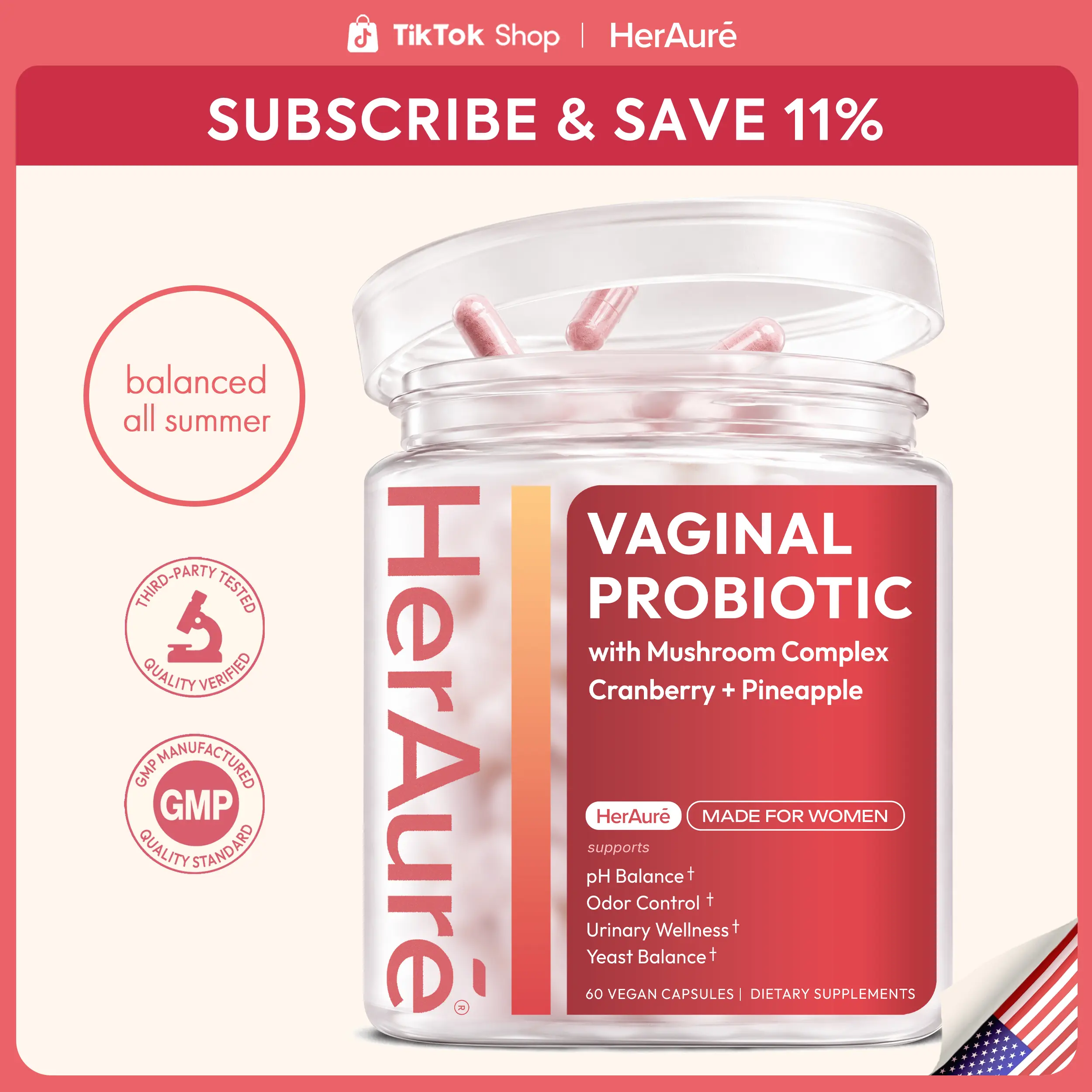 HerAuré Women’s Probiotics - pH Balance, Odor Control, Flora Health - 7 Billion CFU Probiotic, Prebiotic, 7-in-1 Mushroom Blend, Cranberry, Pineapple - 60 Capsules, Self-Care Gift, beach essentials, Deals For You Days
