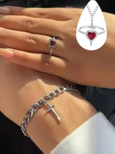 Heart Design Ring & Bracelet Set, Fashion Jewelry for All Seasons, Casual Style Accessories, Perfect Gift for Birthdays & Mother's Day
