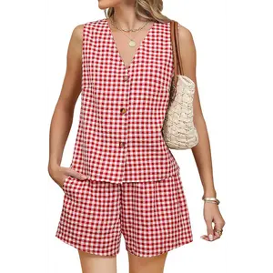 2 Piece Sets for Women Summer Matching Outfits Sleeveless V-Neck Gingham Vest and Shorts for Beach Vacation Travel