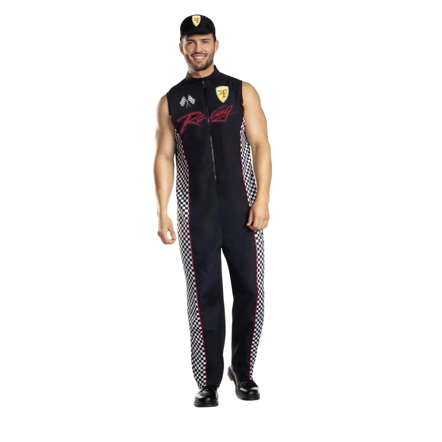 Black Racing Driver Men's Costume Jumpsuit with Cap