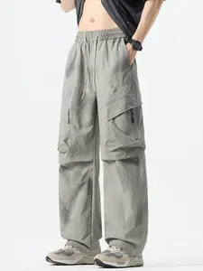 Men's Outdoor Loose Fit Elastic Waist Pants with Large Pockets and Zipper Decoration, Adjustable Rubber Band Waistband
