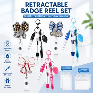 Glitter stethoscope badge clip set with bow design, including a highlighter and multicolored round pens, transparent card holder, retractable keychain design, suitable for nursing schools, ideal for hospital staff. outdoorfun