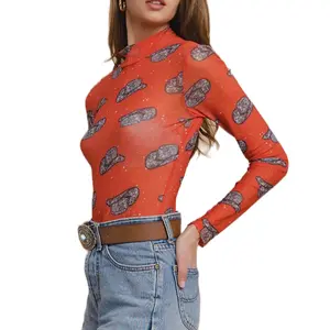Women's Cowboy Hat Mesh Mock Neck Bodysuit in orange - Bodysuits, Womenswear