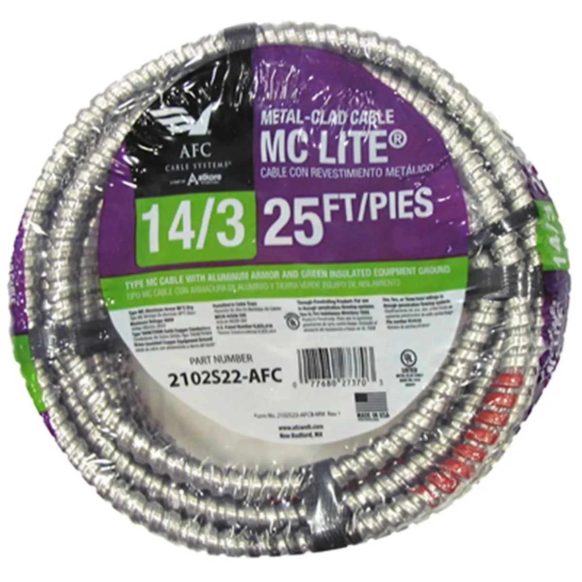 212 MAIN Aluminum Flexible Conduit - 25 ft 3-Conductor, 14 Gauge Wire with Green Ground (AFC Cable Systems 2102S22-AFC, 2.5 lbs, 8.5x8.5x2.25 in) Shrink-Wrapped for Outdoor Sports, Cycling Leisure Equipment