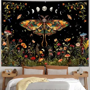 Orange Butterfly Tapestry Retro Floral Flower Tapestry Moon Phase Tapestry Aesthetic Vintage Boho Wall Tapestry Botanical Mushroom Tapestry Wall Hanging for Bedroom