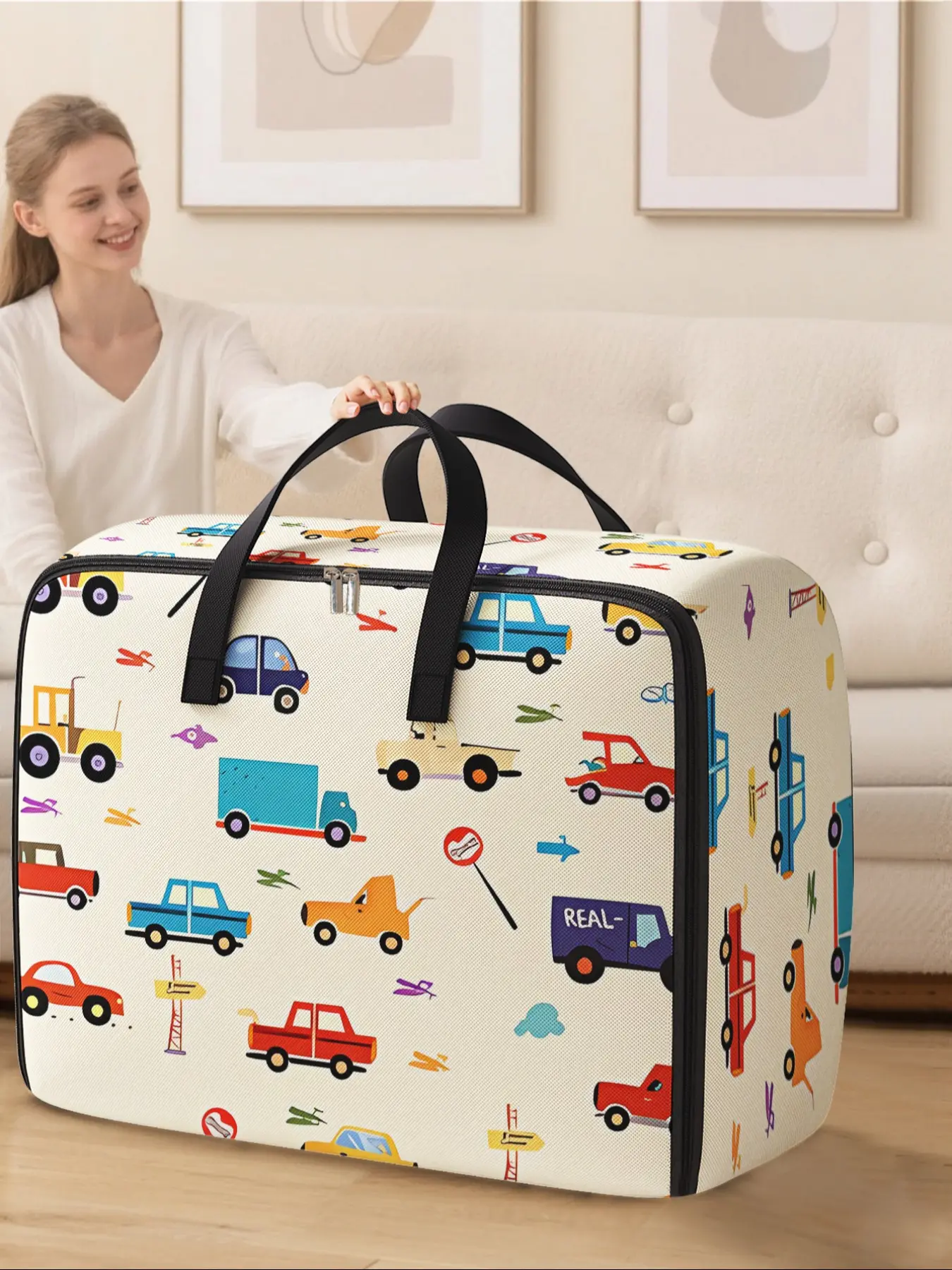 Cartoon Car Pattern Collapsible Storage Box, Space-Saving Large Handheld Organizer, Collapsible Storage Bins, Ideal for Moving, Travel, Camping, Dormitory, Bedroom