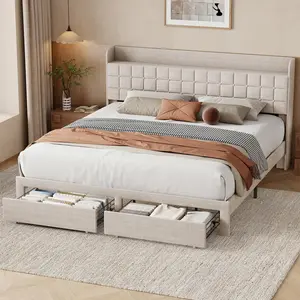 Upholstered Bed Frame with 2 Drawers and Headboard Shelves, Full Size Platform Bed, Sturdy Noise-Free Steel Frame, Extra Under-Bed Storage, No Box Spring, Full Queen King