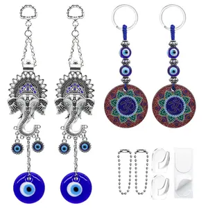 Evil Eye Car Hanging Ornaments 4 Pack - Lord Ganesha Evil Eye Wall Decor & Hindu OM Evil Eye Key Chains, Evil Eye Charm for Window Door,Turkish Nazar Amulet Boncugu for Diwali Birthday Housewarming