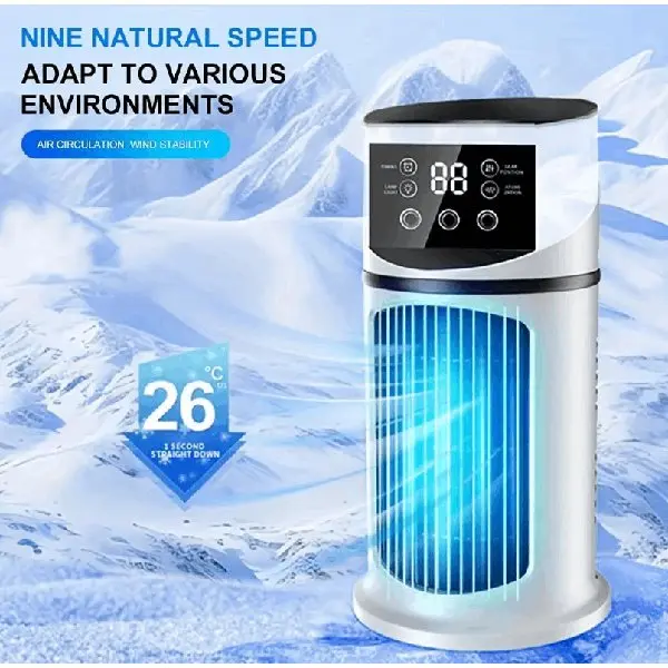 3-in-1 Portable Air Conditioner, Fan with Atmosphere Light - USB-Powered for Indoor/Outdoor Use, Compact Design for Office & Home, Sleek White & Blue, Portable | Stylish Gadget | Durable Plastic, Air Conditioner Portable