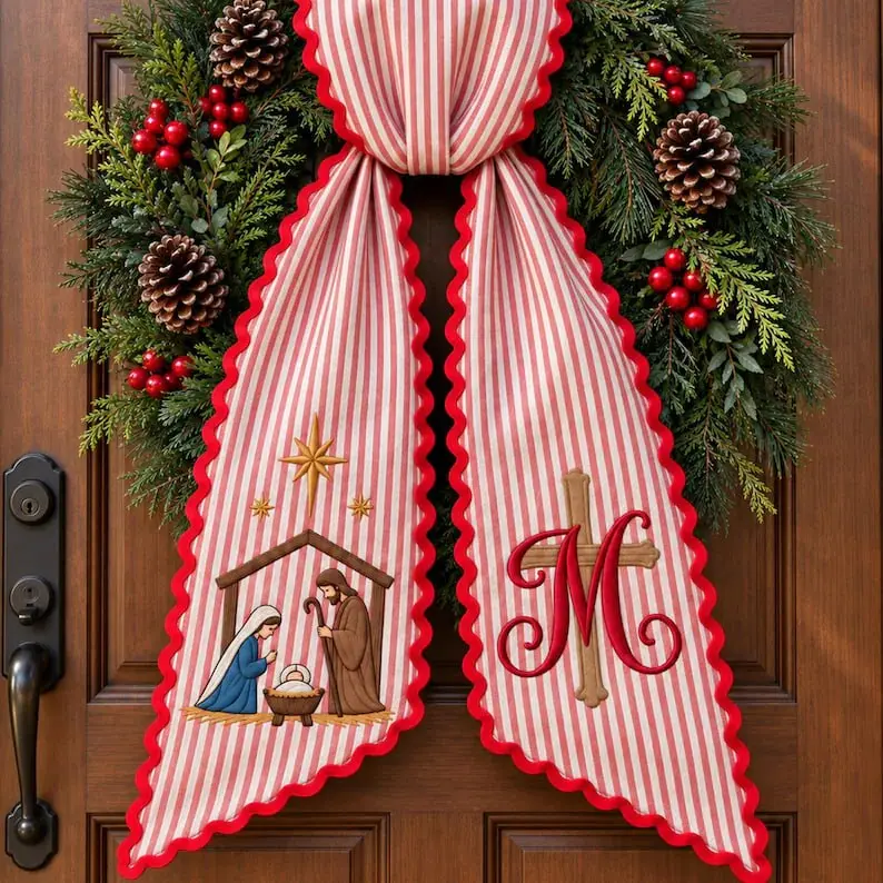 [CUSTOM]Personalized Christmas Wreath Sash, Embroidered Tree Monogram Door Bow, Custom Initial Red Stripe Front Door Decor, Holiday Gift