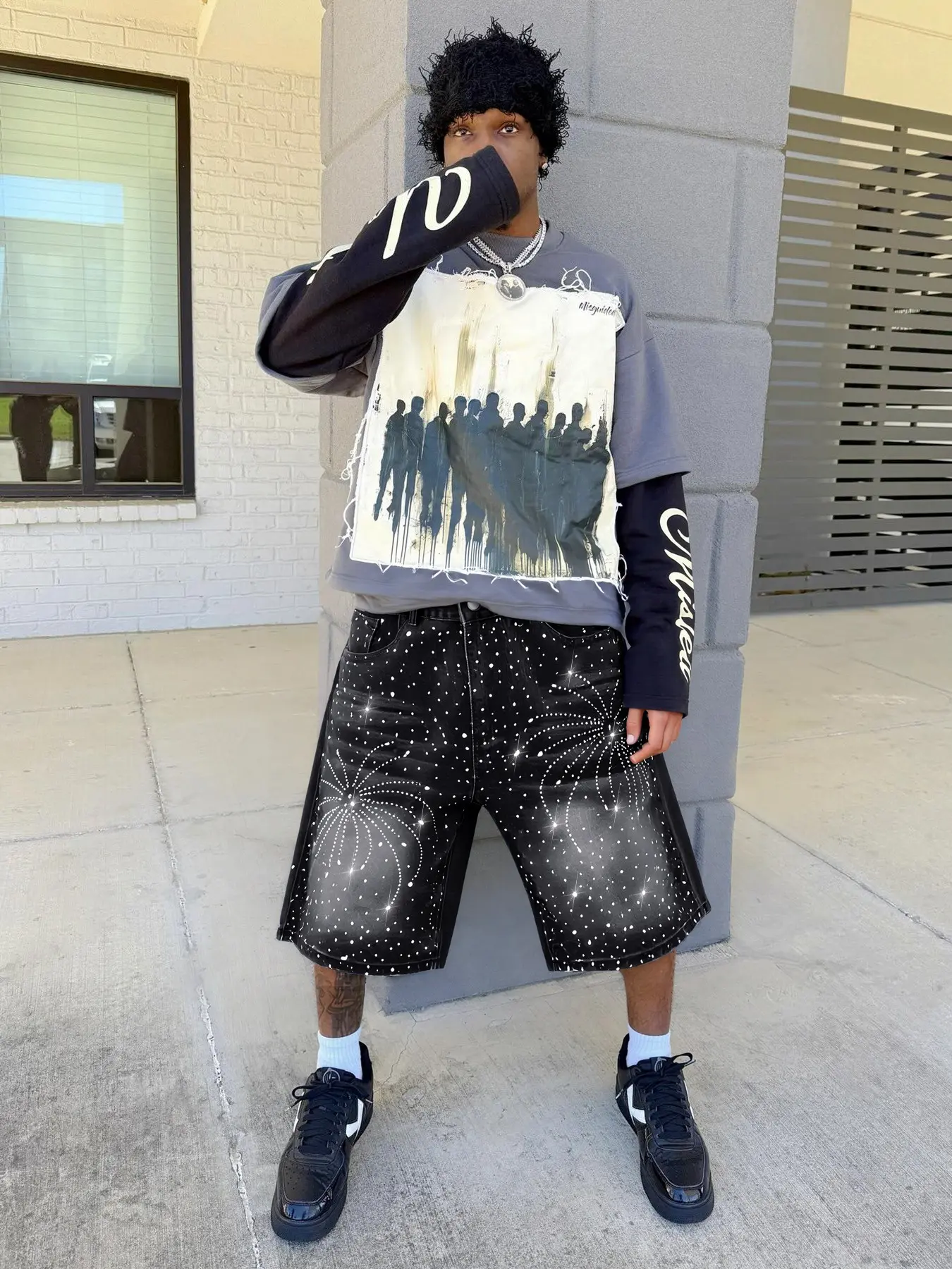 Studded Embroidered Casual Denim Summer Shorts, High Waist Loose-Fitting Jeans, Letter Embroidery Street Style Streetwear, Fashion Daily Wear, Bottoms