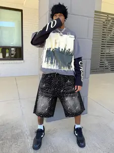 Studded Embroidered Casual Denim Shorts, High Waist Loose-Fitting Jeans, Letter Embroidery Street Style Streetwear, Fashion Daily Wear