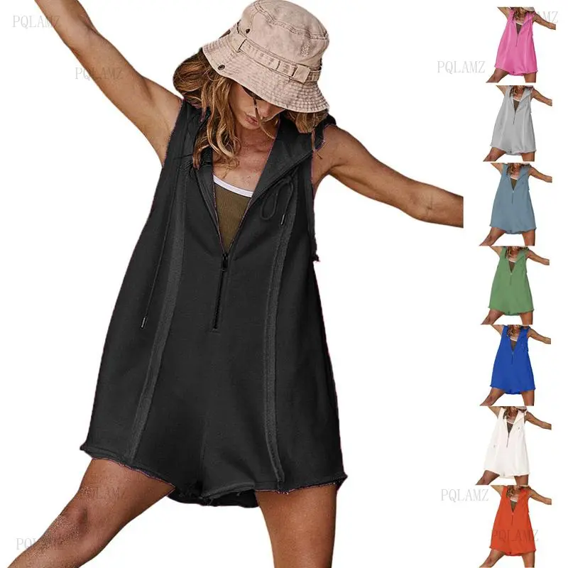 Women's  Sleeveless Half-Zipper Loose-Fit Hooded Sports Jumpsuit, Athleisure Style Activewear Clothing, Sports Outfits for Fitness, Outdoor Leisure & Workout Gym Clothing