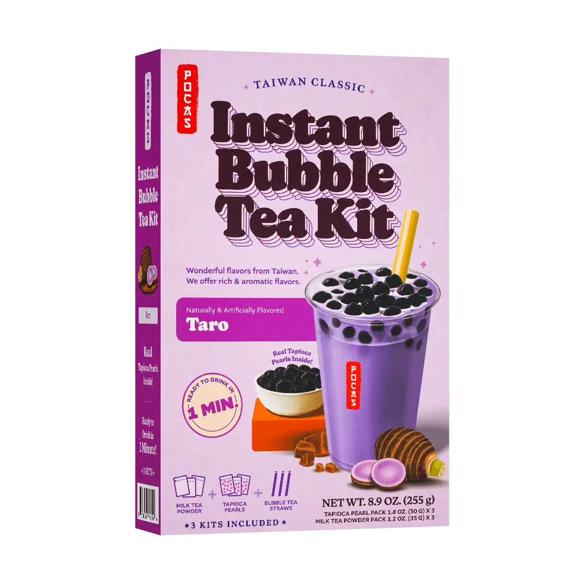 POCAS Instant Taro Boba Milk Tea with Bubble Tapioca Pearls Kit, 3 Pack, 8.99 oz