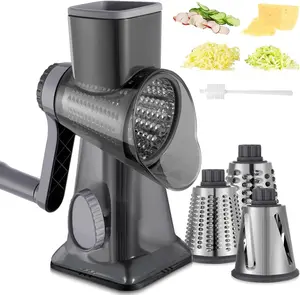 3-in-1 Hand Crank Round Plastic Cheese Grater - Stainless Interchangeable Blades, Detachable Lid, Non-slip Base, Non-slip Handle, Multifunctional Kitchen Vegetable Shredder Slicer