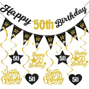50th Birthday Decorations for Men & Women, Bunting Banner, Triangle Flag, Glitter Swirls, Vintage 1976 Party Supplies, Set