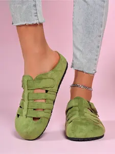 Suede Hollow-out Velcro Platform Sandals | Height-Increasing Casual Shoes for Women, Retro Breathable Adjustable Sandals, Versatile (Green/Pink/Beige/Yellow)