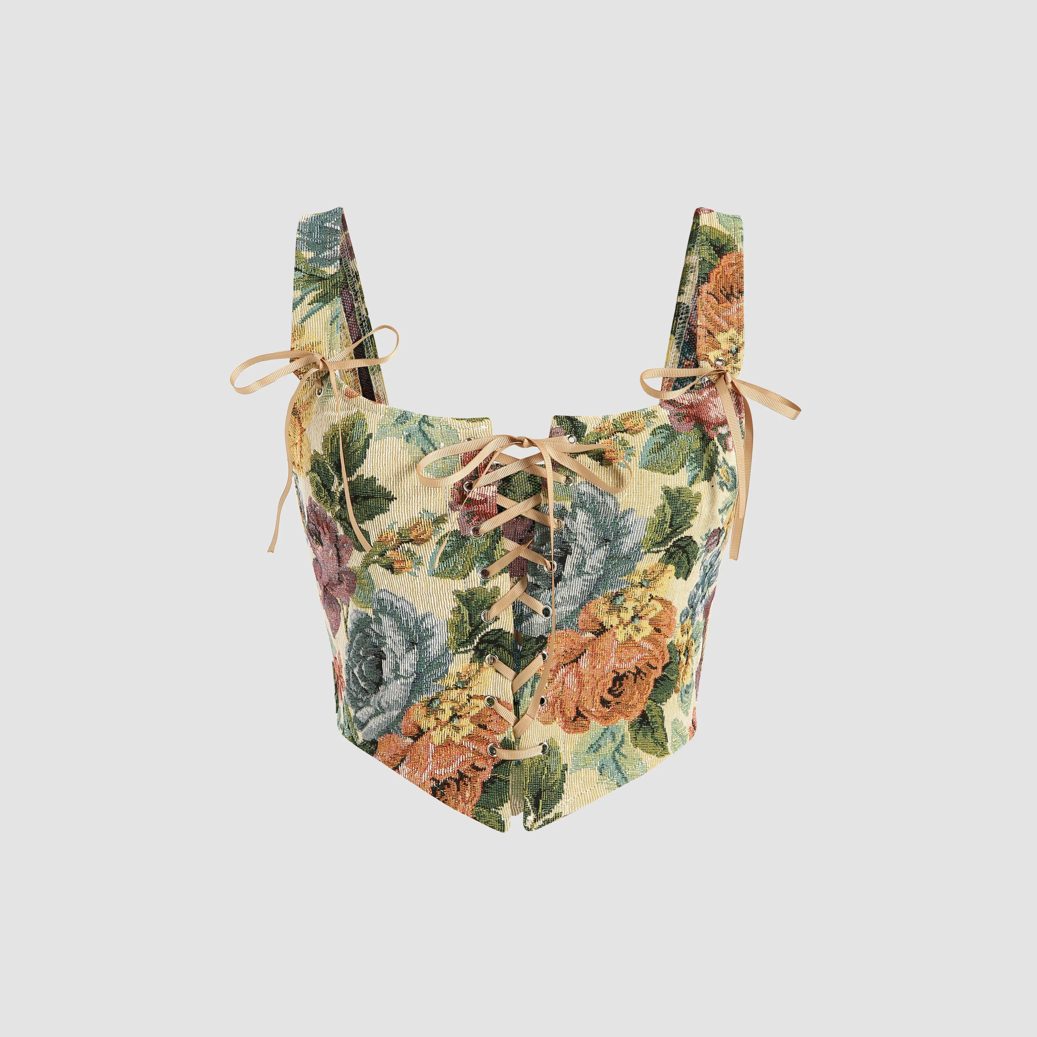 Cider [2 colors, size 0-26] Floral & Butterfly Lace Up Crop Tank Top