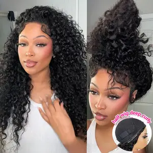 Deep Curly Half Wigs Human Hair Glueless Wig 30  32 Inch Deep Wave Ready To Wear 3 In 1 Half Wig With Drawstring 180 Density Curly Half Wig Human Hair Kinky Curly Glueless Wig