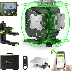 Huepar 4D Bluetooth Auto-Leveling Green Laser Level - 4x360° Crosshairs, LCD Screen, Remote Control, Li-Ion/4 AA Battery Power, Outdoor Pulse Mode, Construction Measuring Tool