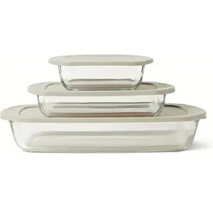Amazon Basics Glass Baking Dishes with BPA-Free Lids, 6-Piece Set, Borosilicate Glass, Dishwasher and Oven-Safe, Linen Gray
