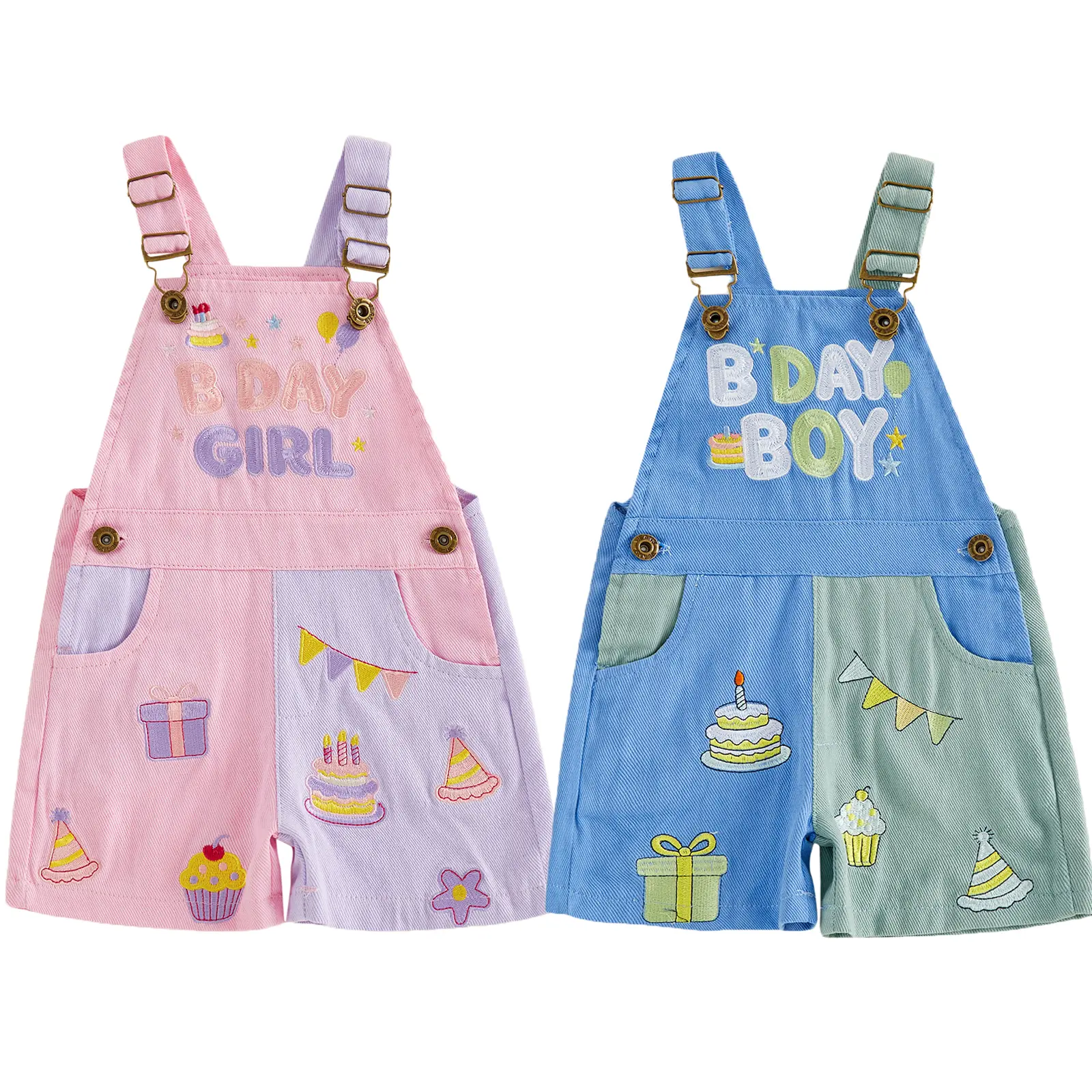 PYBCVRRD Kids Toddler Baby Boys Girls Birthday Overalls Shorts Wide Leg Letter Cake Embroidery Overalls Jumpsuit Suspender Shorts Summer Outfits Clothes