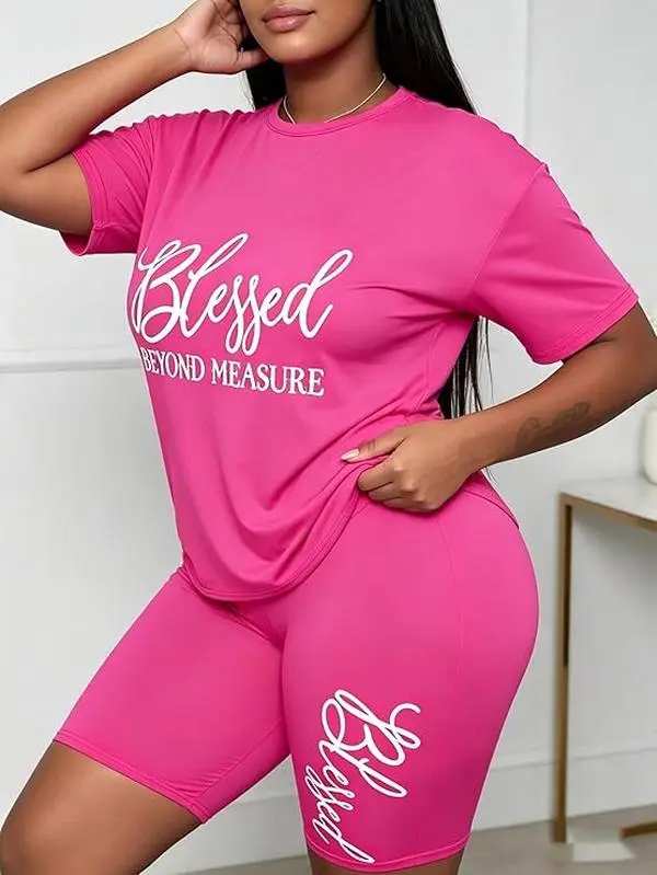 Plus Size Women's 2-Piece Loungewear Set, Casual Blessed Letter Print Outfit with a Short-Sleeve Top and Biker Shorts for Casual Outings