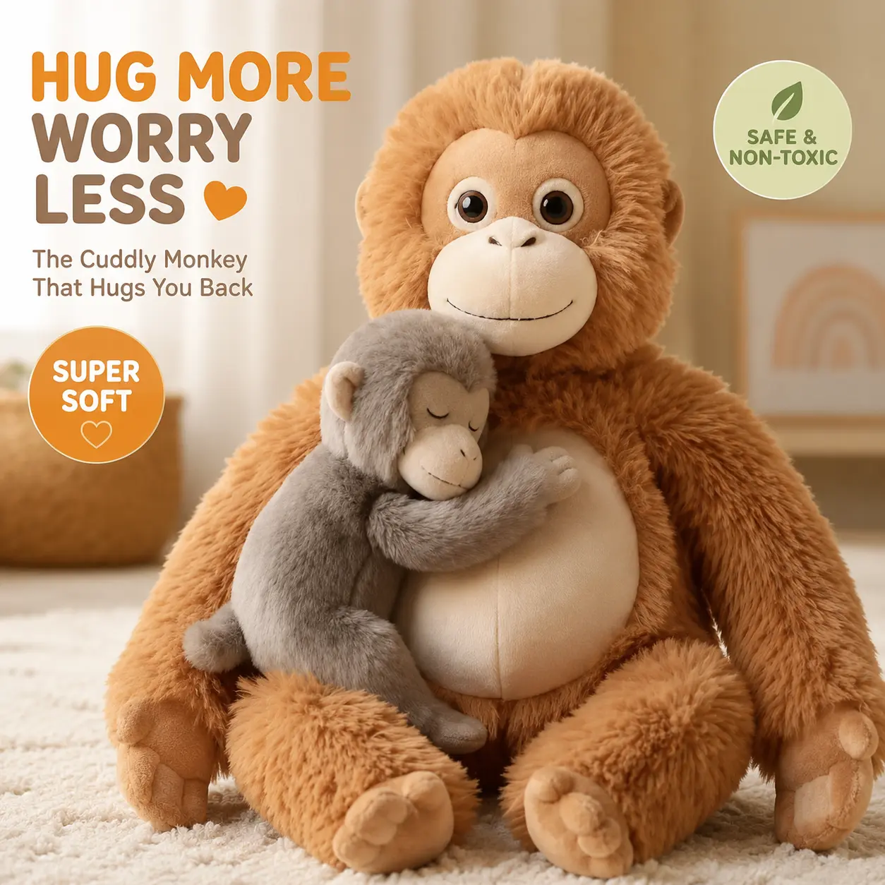 Mommy & Baby Hugging Monkey Plush | Ultra Soft Stuffed Animal for Kids & Adults
