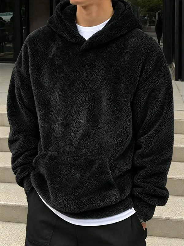 Men’s winter fleece-lined, thickened double-sided plush hooded sweatshirt—warm, cold-resistant, versatile casual loose-fit outerwear for men