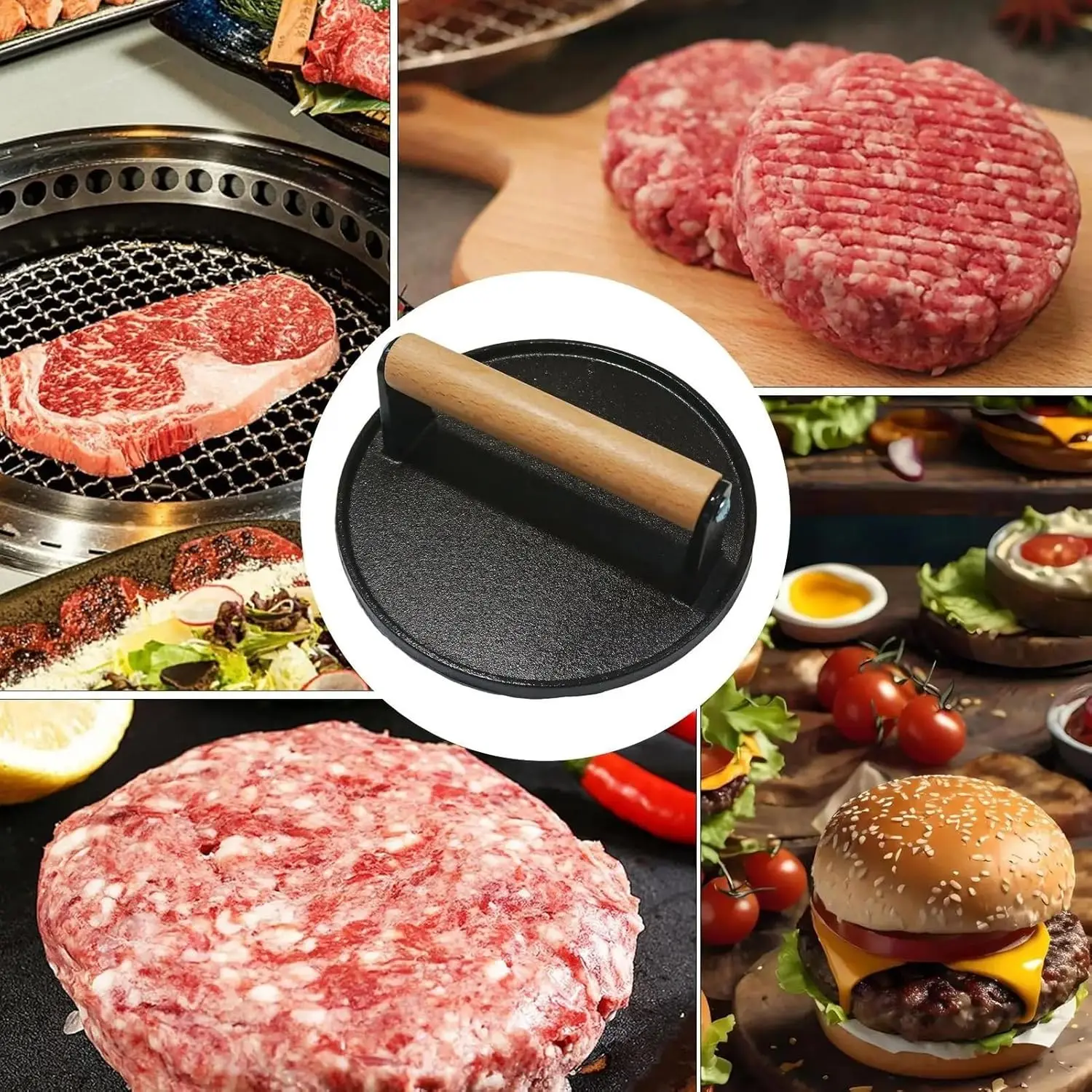 Cast Iron Grill Press, 2LB 7" Round Meat Weight Smash Burger Bacon Press