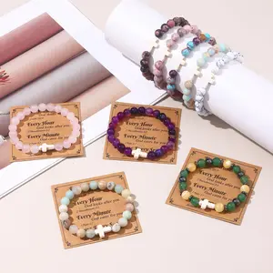 Women's 9PCS Cross Beaded Bracelets - Natural Stone Elegant Minimalist Bangle, Adjustable Cord Stretch Fit Faith Jewelry, Inspirational Heart Gemstone Gift for Women