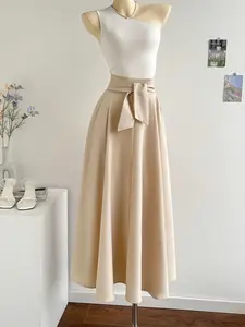 Elegant High-Waisted Fitted Long Skirt for Women, Womenswear, Front Pleated Bow Design, Fashionable Spring Summer Versatile, Suitable for Casual and Formal Occasions