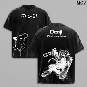 Denji x Pochita Chainsaw Man Tee Washed – The Movie: Reze Arc Vintage Oversized Heavy Cotton Anime Manga T-Shirt, Double Printed Retro Unisex Streetwear Graphic Top Gift for Otaku Fans