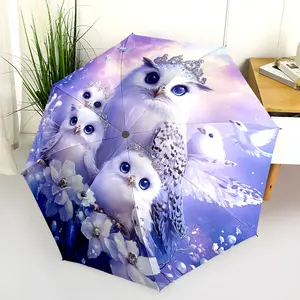 1 PC Automatic Folding Umbrella - Magical Snowy Owl Family Pattern, Portable & Foldable Design with 8 Ribs, Merry Christmas Pattern,Casual Outdoor Accessory Halloween and Christmas Birthday Gifts. H007