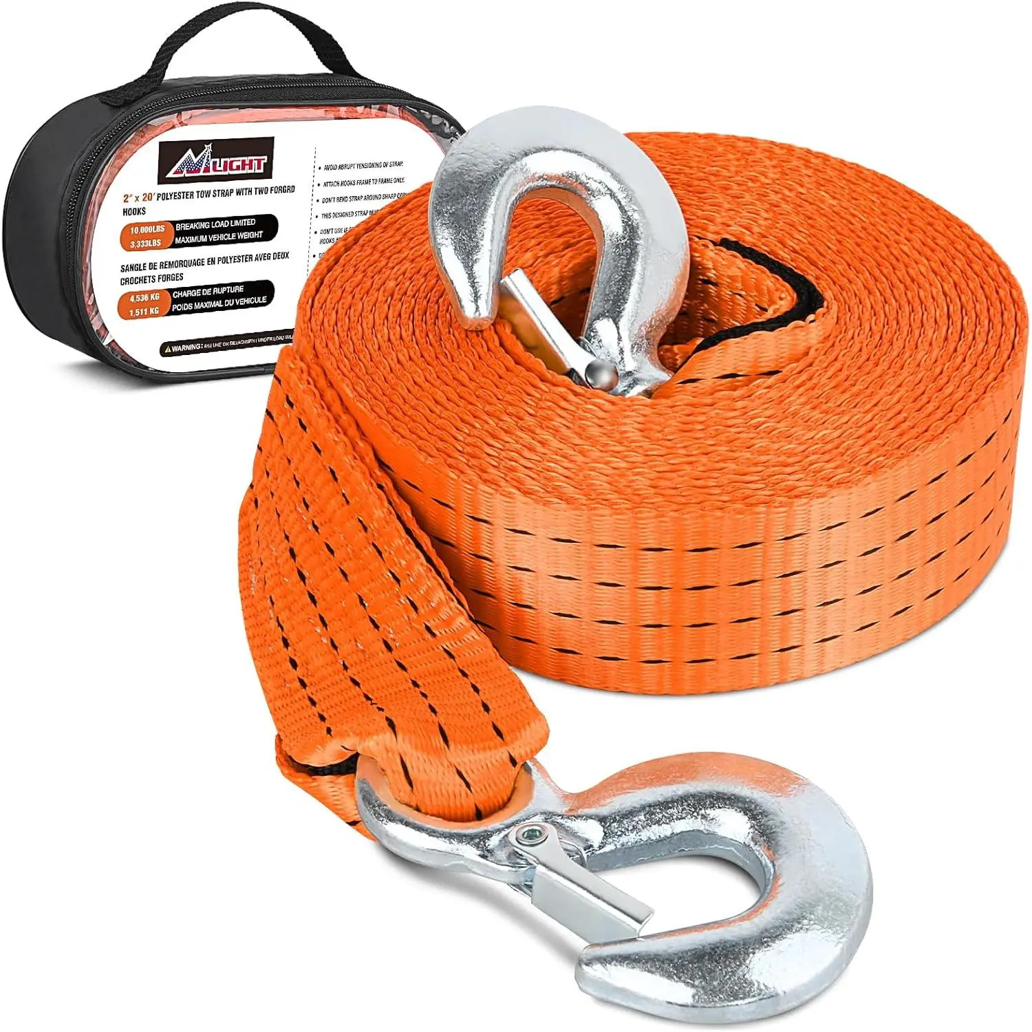 Nilight Rugged Heavy-Duty Automotive Tow Strap with Safety Hooks, 2x20 ft Polyester Webbing, 10000 lbs Max Load Bearing, 3333lbs Capacity, Weather Resistant Auto Accessory for Trucks, Storage Bag Compatible