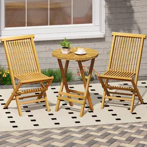 COSTWAY - Patio Folding Side Table Teak Wood Round End Table with Slatted Tabletop and X-Shaped Frame