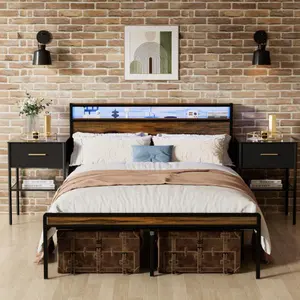 【Bellemave】Queen Size Bed Frame, Storage Headboard with LED light, Charging Station, Solid and Stable, Noise Free, No Box Spring Needed, Easy Assembly, Vintage Brown