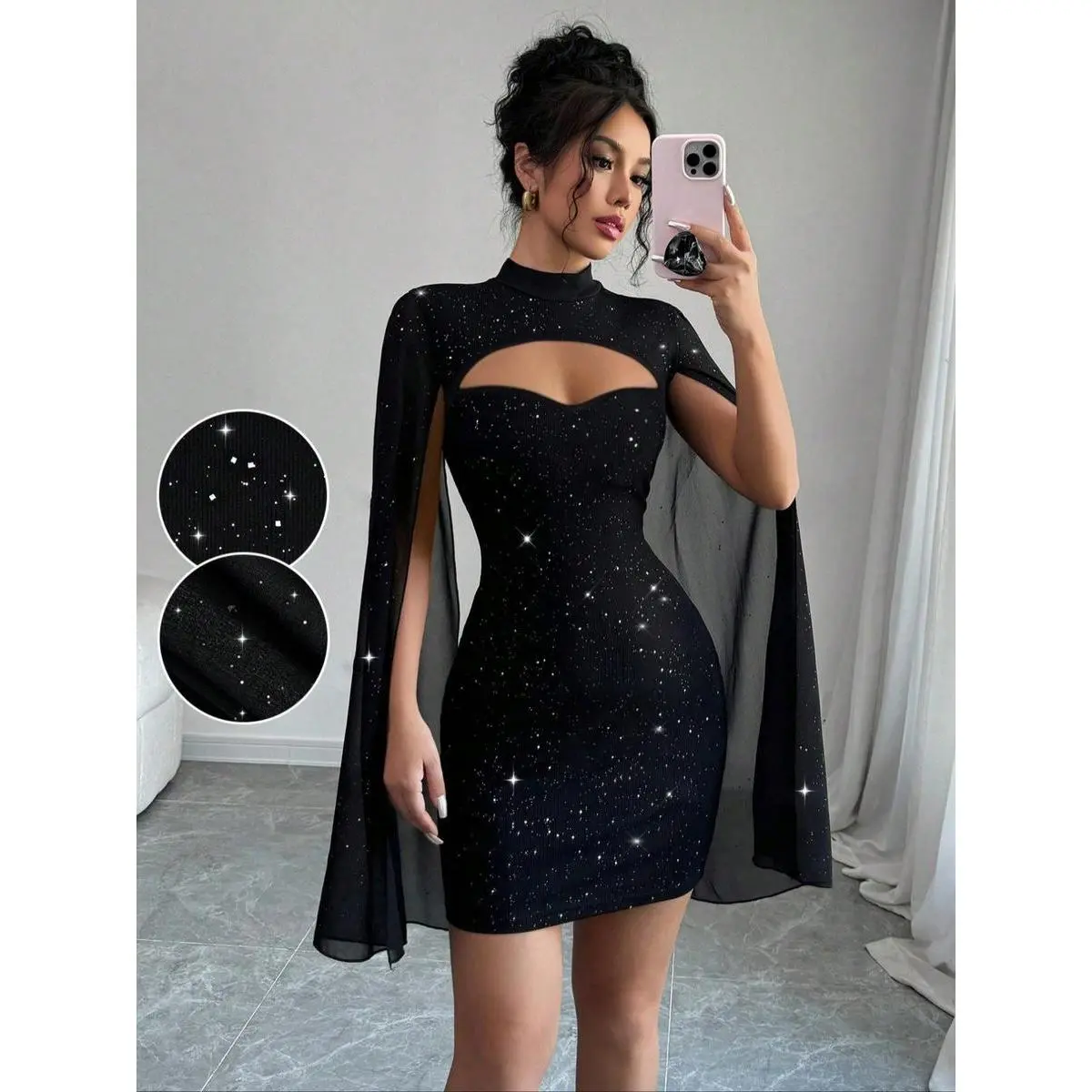 Women's Starry Sequin Cape Mini Dress| Stand Collar Cutout Bodycon Style, Waist-Defining Party Gown for Nightclub & Date Night